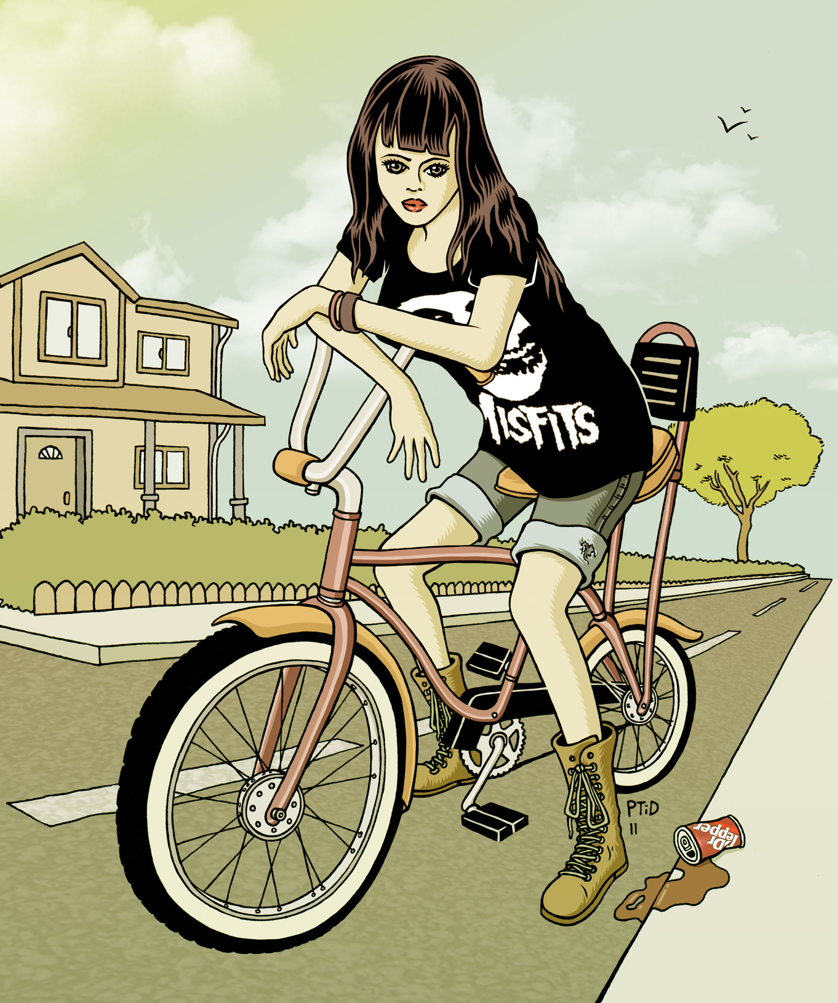 Illustration fille avec t-shirt Misfits sur un vélo