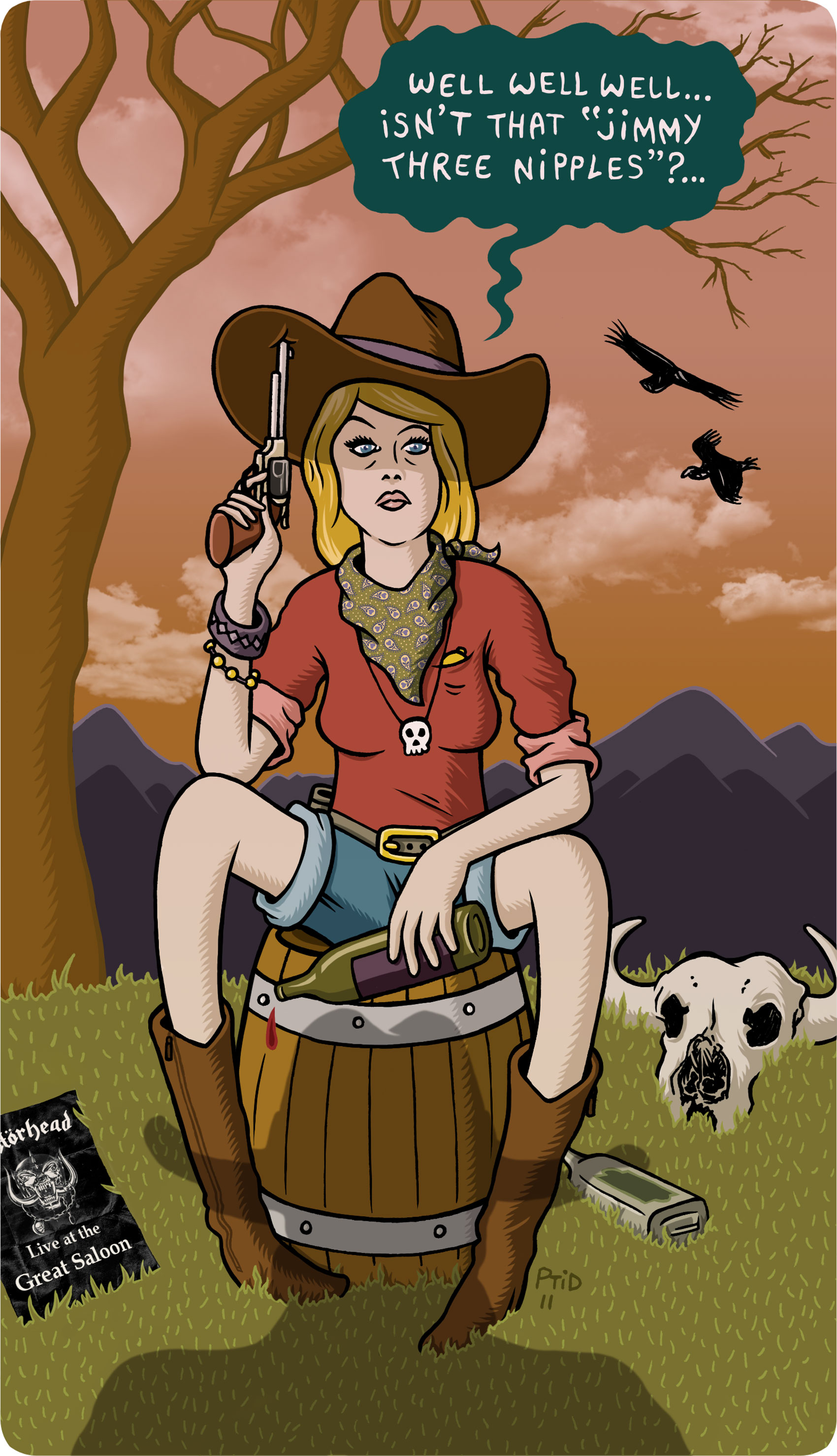 Illustration cow girl assise sur un baril avec un revolver