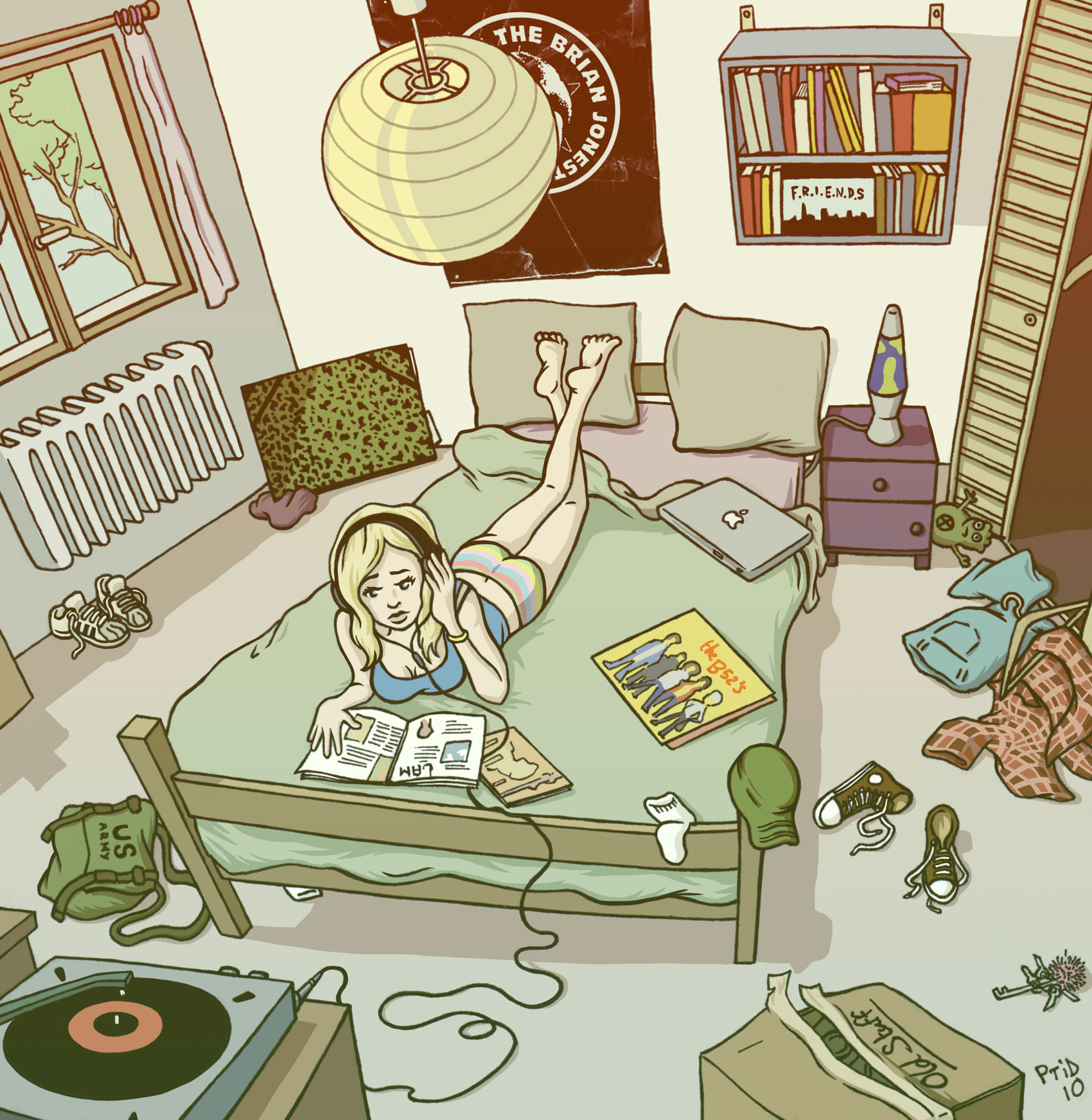 Illustration fille écoutant de la musique dans sa chambre
