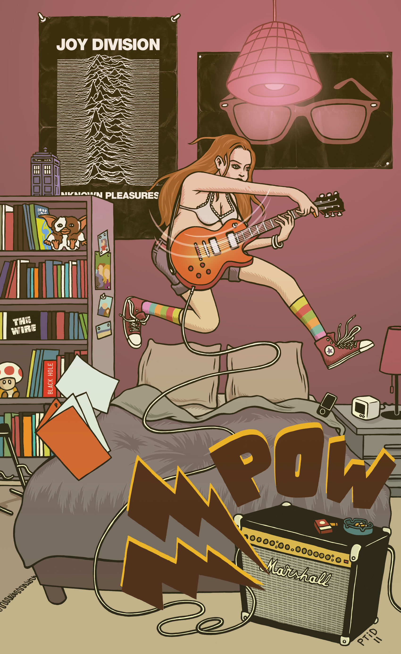 Illustration fille jouant de la guitare dans sa chambre